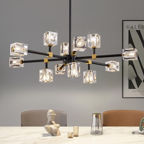 JUJUQI Moderne Kristall Kronleuchter, Schwarze und Gold Hängeleuchte, Halbbündiger Kristall Deckenleuchte, Höhenverstellbar, 12-Lichter, Geeignet für Wohnzimmer, Schlafzimmer, Esszimmer und Küche