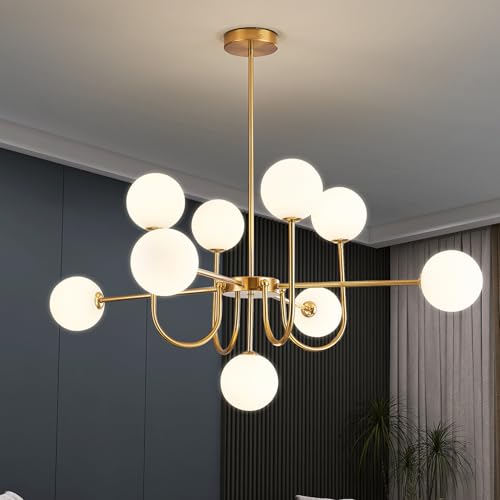JUJUQI Moderne Sputnik Kronleuchter mit 9 weißen Glaskugeln, Gold Deckenleuchte, Vintage Pendelleuchte, halb eingebaute Deckenlampe für Wohnzimmer Schlafzimmer Küche und Esszimmer