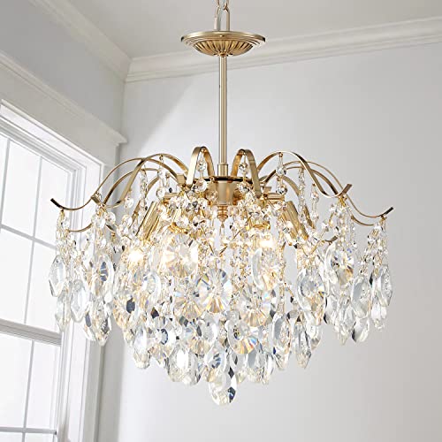 Saint Mossi K9 Kristall Kronleuchter Lichter, Regentropfen Kronleuchter, moderne Pendelleuchte Beleuchtung, E12 Basis 6-Lichter, glänzendes Gold Finish [Klasa energetyczna A++]