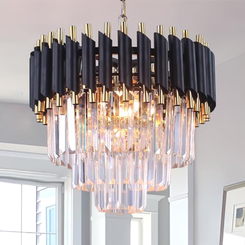 FRIXCHUR Moderne Kristall Kronleuchter 3-Tier Kristall Kronleuchter Licht 15.7'' Schwarz und Gold Hängeleuchten Regentropfen Flush Mount Kronleuchter für Wohnzimmer Küche Insel Foyer E14x5 Birne…