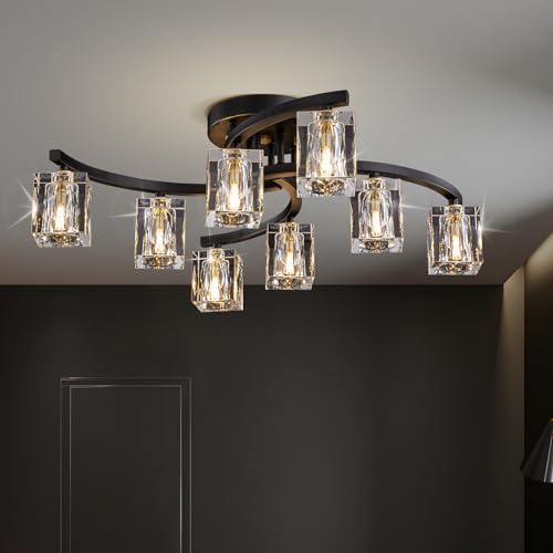 JUJUQI Moderne Kristall Deckenleuchte, Schwarze und Gold Deckenlampe, 8-Lichter Design, K9 Kristall Kronleuchter, Halbbündiger Luxus-Deckenleuchte für Schlafzimmer, Wohnzimmer und Esszimmer